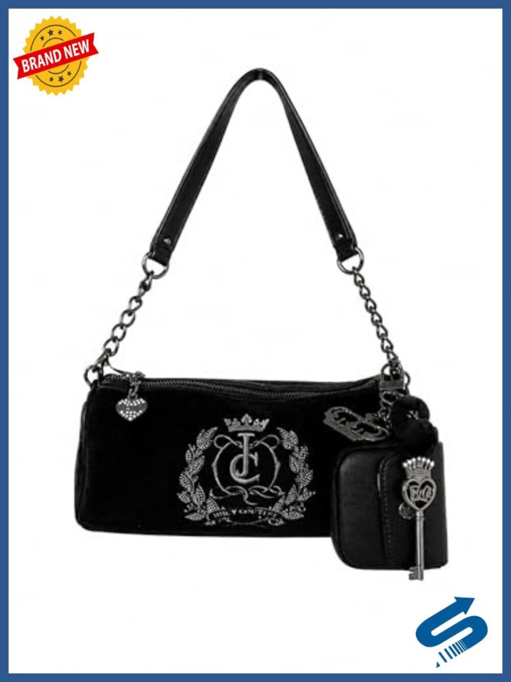Velour Shoulder Bag with Chain Strap, Mini Pouch, Zip Closure